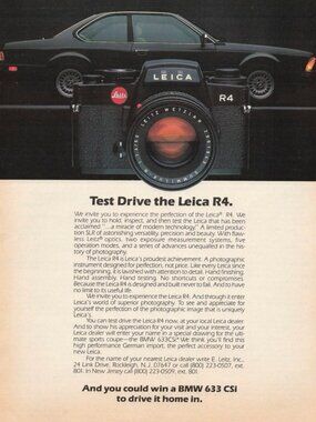 1983 Leica R4 Camera Vintage Print Ad Leitz Optics BMW 633 CSi Photography Black